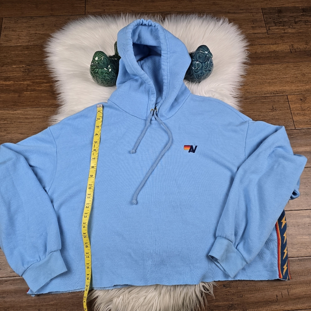 Aviator Nation Bolt Stripe Relaxed Cropped Hoodie Sweatshirt Sky Blue Large - Picture 14 of 14